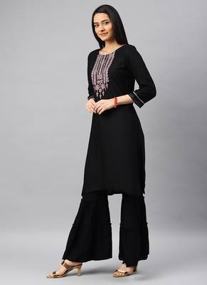 Black Embroidery Rayon Stitched  Straight Kurta With Sarara Kurta Sets 3