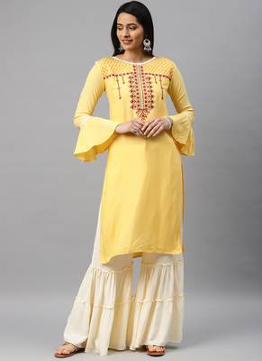 Yellow & Cream Embroidery Rayon Stitched  Straight Kurta With Sarara Kurta Sets 1
