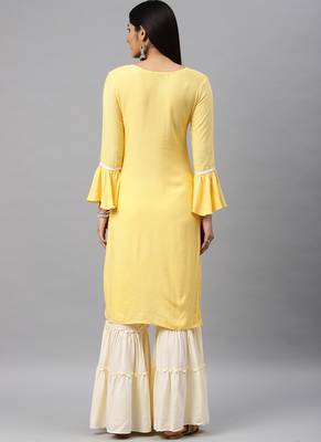 Yellow & Cream Embroidery Rayon Stitched  Straight Kurta With Sarara Kurta Sets 2