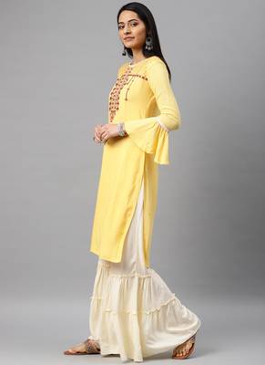 Yellow & Cream Embroidery Rayon Stitched  Straight Kurta With Sarara Kurta Sets 3