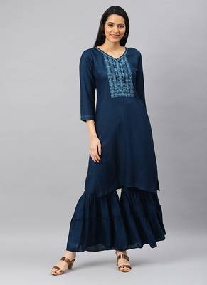 green Embroidery Rayon Stitched  Straight Kurta With Sarara Kurta Sets 1