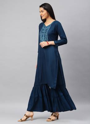 green Embroidery Rayon Stitched  Straight Kurta With Sarara Kurta Sets 3