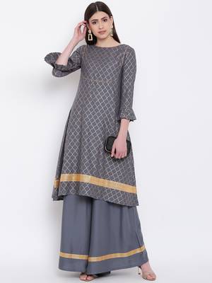 Grey Viscose Printed Stitched straight kurta with palazoo kurta sets 1