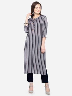 Grey & Blue Cotton Blend Woven With Wood Buttons Straight Stitched kurta 1