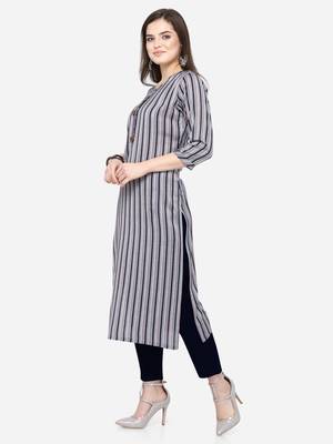 Grey & Blue Cotton Blend Woven With Wood Buttons Straight Stitched kurta 3
