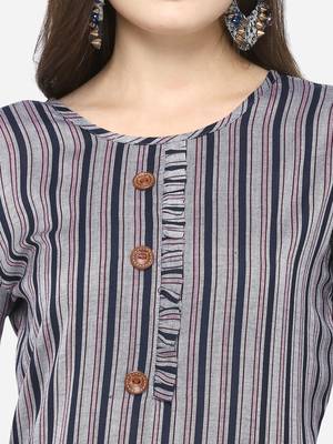 Grey & Blue Cotton Blend Woven With Wood Buttons Straight Stitched kurta 4