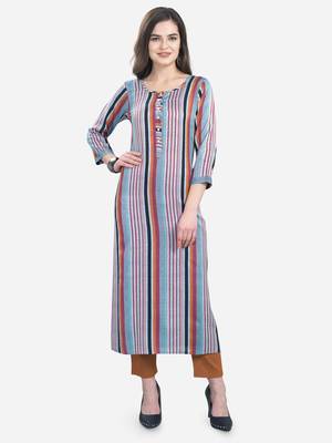 Grey & Multi Cotton Blend Woven With Buttons Straight Stitched kurta 1