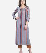 Grey & Multi Cotton Blend Woven With Buttons Straight Stitched kurta