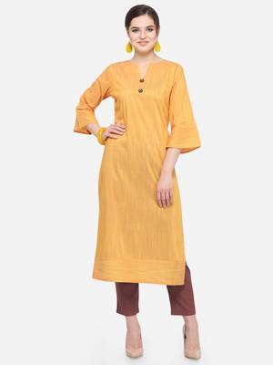Yellow Cotton Silk Woven With Wood Buttons Straight Stitched kurta 1