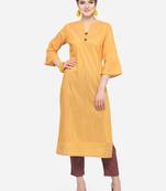 Yellow Cotton Silk Woven With Wood Buttons Straight Stitched kurta