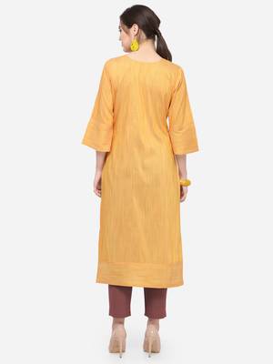 Yellow Cotton Silk Woven With Wood Buttons Straight Stitched kurta 2