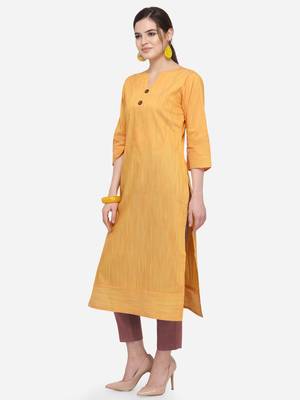 Yellow Cotton Silk Woven With Wood Buttons Straight Stitched kurta 3