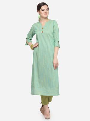 Green Cotton Silk Woven With Wood Buttons Straight Stitched kurta 1