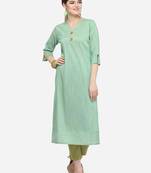 Green Cotton Silk Woven With Wood Buttons Straight Stitched kurta