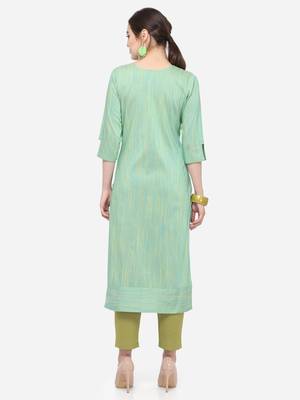 Green Cotton Silk Woven With Wood Buttons Straight Stitched kurta 2