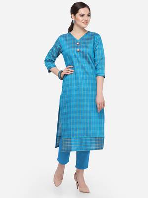 Blue Cotton Silk Woven With Wood Buttons Straight Stitched kurta 1