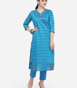 Blue Cotton Silk Woven With Wood Buttons Straight Stitched kurta