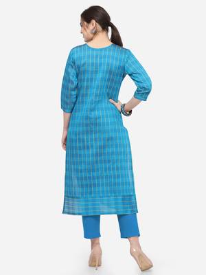 Blue Cotton Silk Woven With Wood Buttons Straight Stitched kurta 2