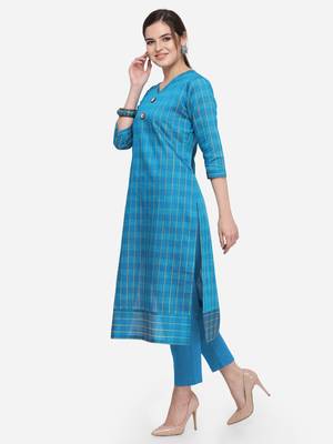 Blue Cotton Silk Woven With Wood Buttons Straight Stitched kurta 3