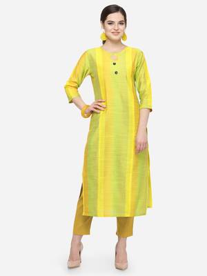 Lime Yellow Cotton Silk Woven With Wood Buttons Straight Stitched kurta 1