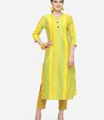 Lime Yellow Cotton Silk Woven With Wood Buttons Straight Stitched kurta