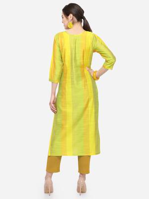 Lime Yellow Cotton Silk Woven With Wood Buttons Straight Stitched kurta 2