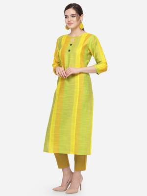 Lime Yellow Cotton Silk Woven With Wood Buttons Straight Stitched kurta 3