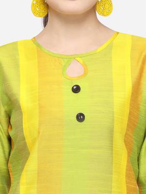 Lime Yellow Cotton Silk Woven With Wood Buttons Straight Stitched kurta 4