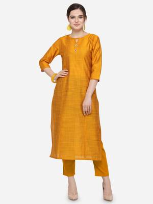 Mustard Cotton Silk Woven With Buttons Straight Stitched kurta 1