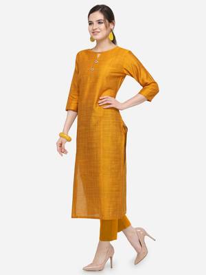 Mustard Cotton Silk Woven With Buttons Straight Stitched kurta 3