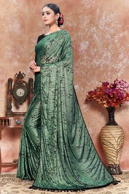 Green plain silk saree with blouse 2
