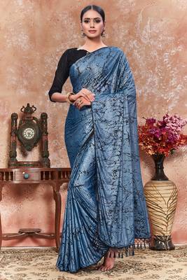 Blue plain silk saree with blouse 1