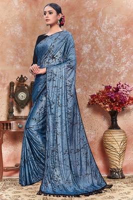 Blue plain silk saree with blouse 2