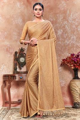 Gold plain silk saree with blouse 1