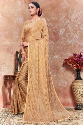 Gold plain silk saree with blouse 2