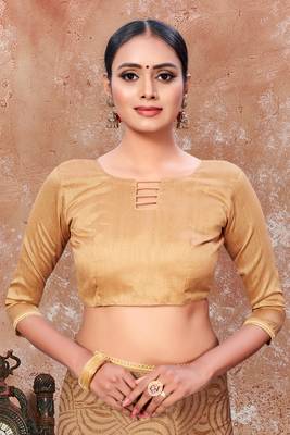 Gold plain silk saree with blouse 5