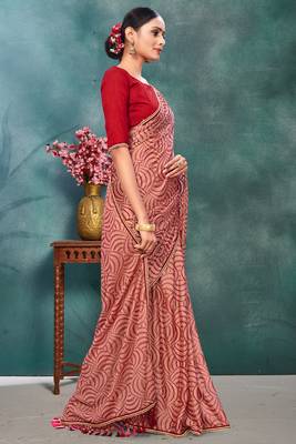Pink plain silk saree with blouse 3