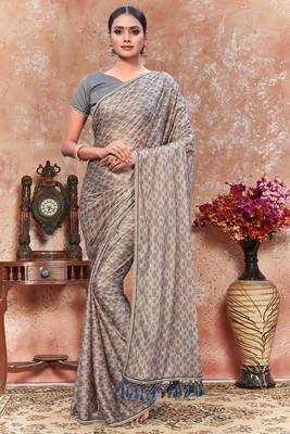 Grey plain silk saree with blouse 1