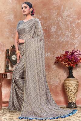 Grey plain silk saree with blouse 2