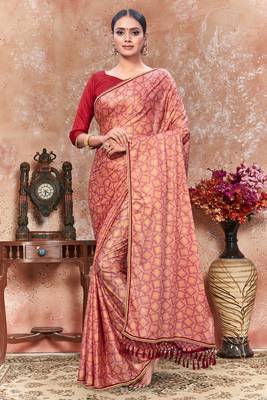 Pink plain silk saree with blouse 1