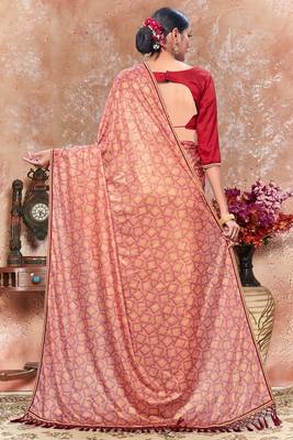 Pink plain silk saree with blouse 4