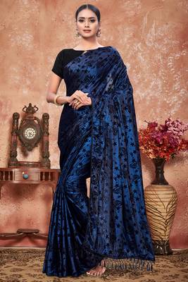 Blue plain silk saree with blouse 1