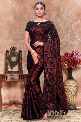 Maroon plain silk saree with blouse 1