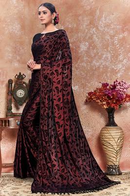 Maroon plain silk saree with blouse 2