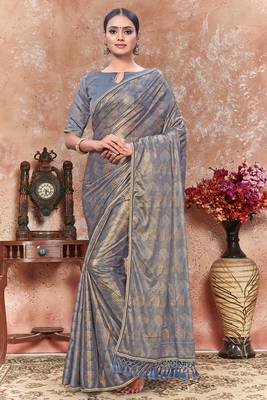 Grey plain silk saree with blouse 1