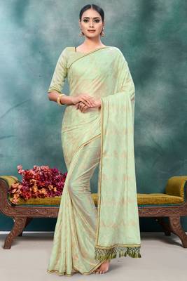 Green plain silk saree with blouse 1