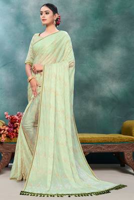 Green plain silk saree with blouse 2