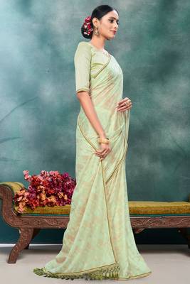 Green plain silk saree with blouse 3