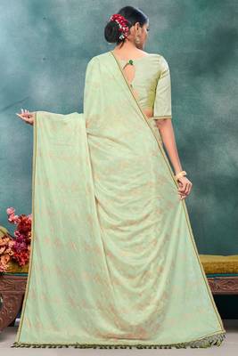Green plain silk saree with blouse 4