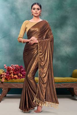 Brown plain silk saree with blouse 1
